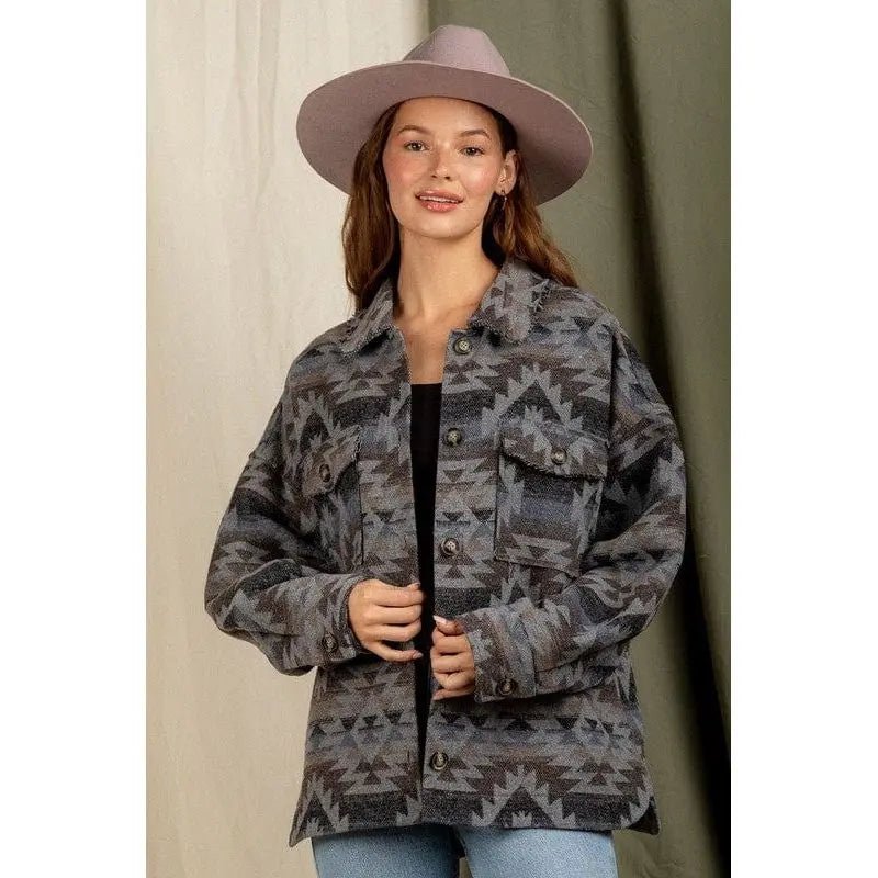 Women's Aztec Pattern Collared Jacket - Southwestern Button - Down Casual Coat - LECCE