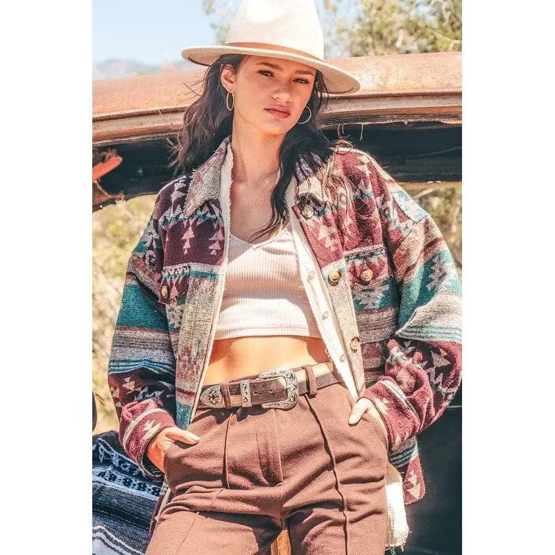 Women's Aztec Pattern Collared Jacket - Southwestern Button - Down Casual Coat - LECCE