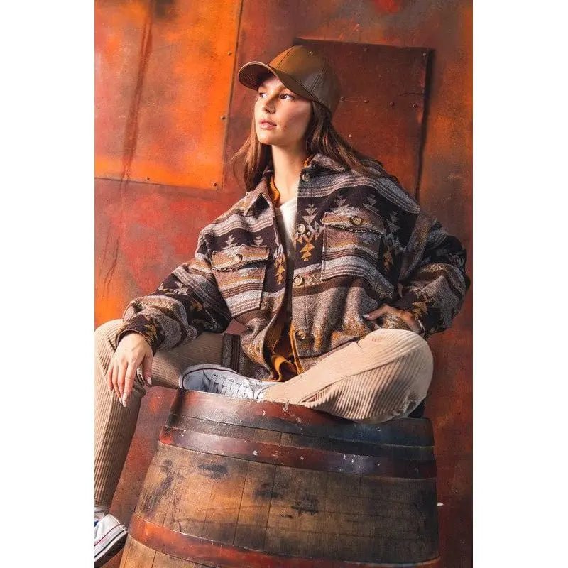 Women's Aztec Pattern Collared Jacket - Southwestern Button - Down Casual Coat - LECCE