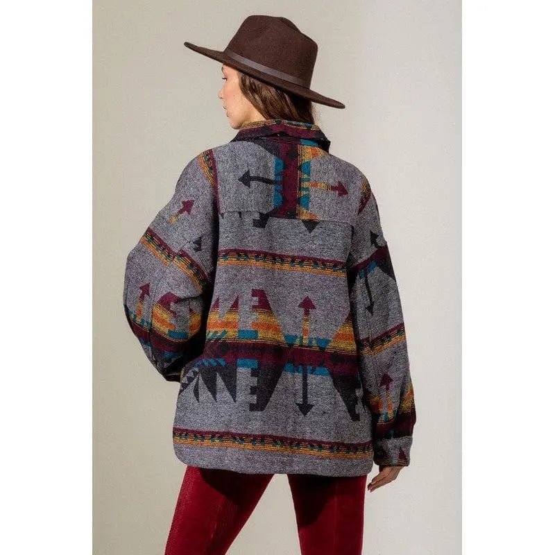 Women's Aztec Pattern Collared Jacket - Southwestern Button - Down Casual Coat - LECCE