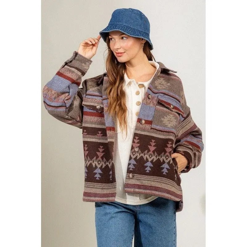 Women's Aztec Pattern Collared Jacket - Southwestern Button - Down Casual Coat - LECCE