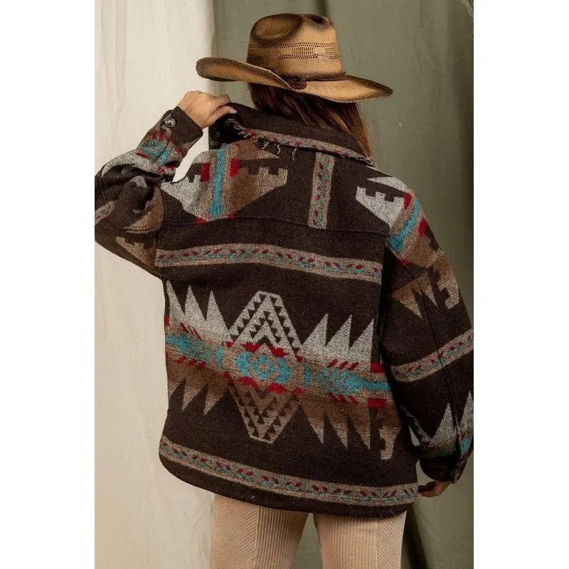 Women's Aztec Pattern Collared Jacket - Southwestern Button - Down Casual Coat - LECCE