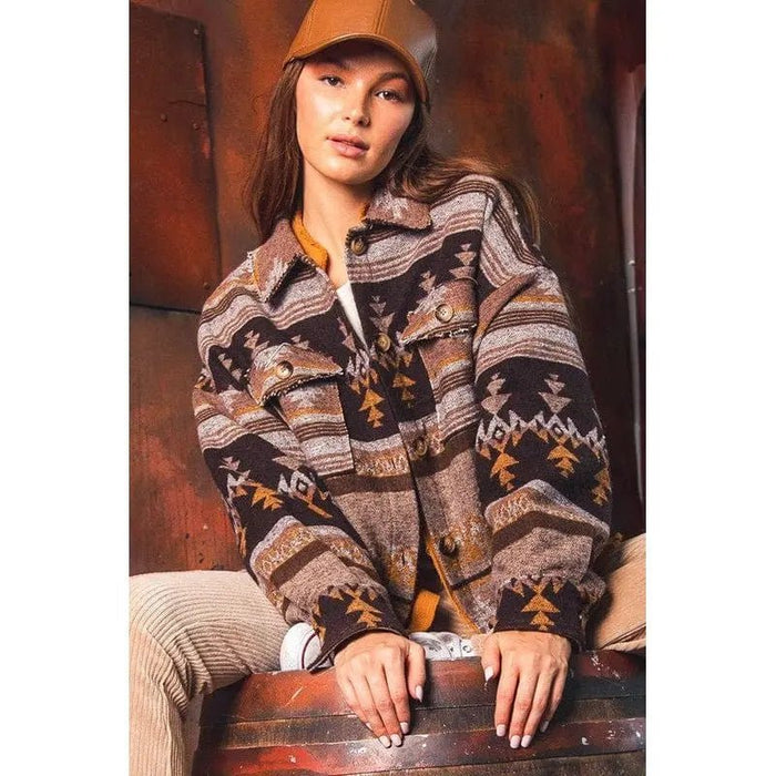Women's Aztec Pattern Collared Jacket - Southwestern Button - Down Casual Coat - LECCE