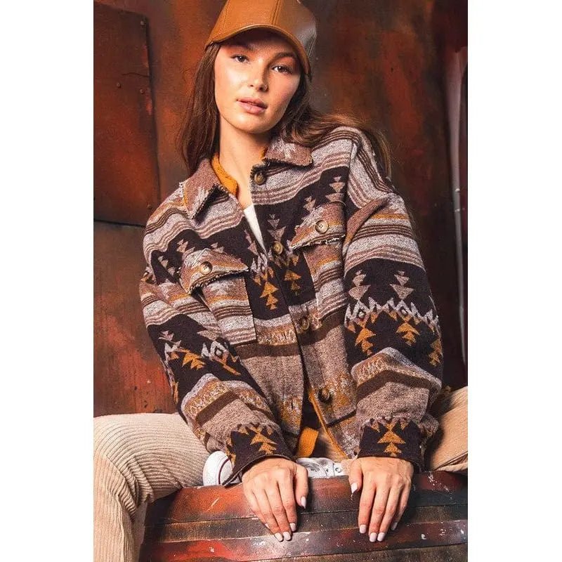 Women's Aztec Pattern Collared Jacket - Southwestern Button - Down Casual Coat - LECCE