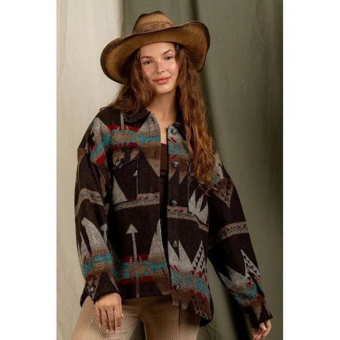 Women's Aztec Pattern Collared Jacket - Southwestern Button - Down Casual Coat - LECCE