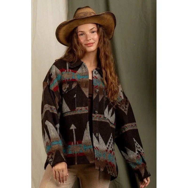 Women's Aztec Pattern Collared Jacket - Southwestern Button - Down Casual Coat - LECCE