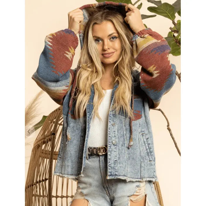 Women's Denim and Aztec jacket with hood - LECCE